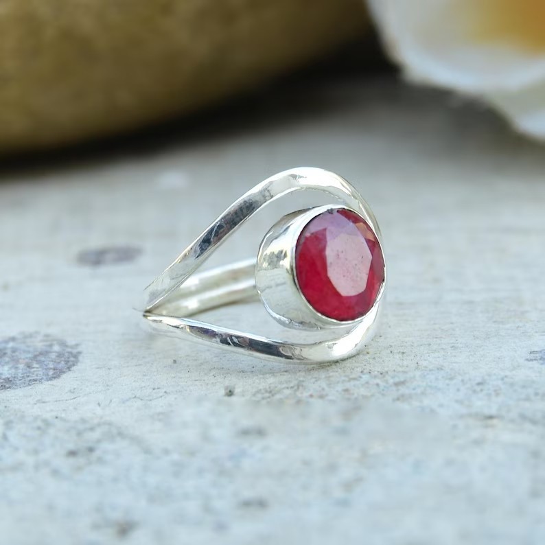 Solid 925 Sterling Silver Natural Red Ruby Round Gemstone Handmade Women's Ring
