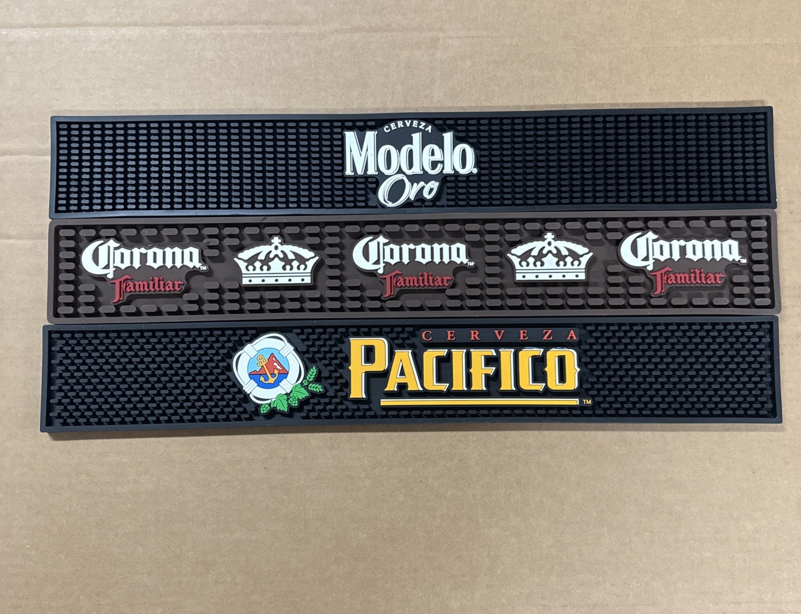 3 Bar Mats Pacifico +Modelo Oro + Corona Familiar New Never Used Rubber Bar Mat