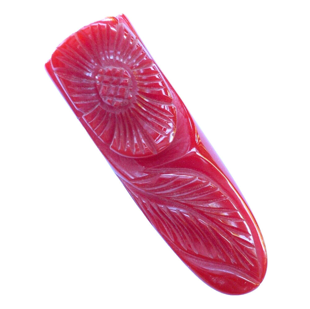 Bakelite Candy Apple Red Clip Deeply Carved w/Dimensional Flower and Leaf