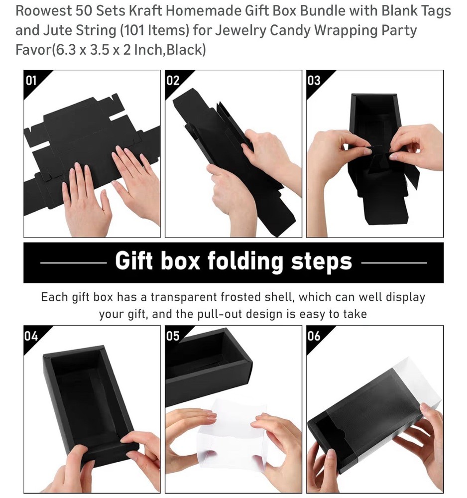 Roowest Kraft Gift Boxes w Tags Jute String 50 Sets Black