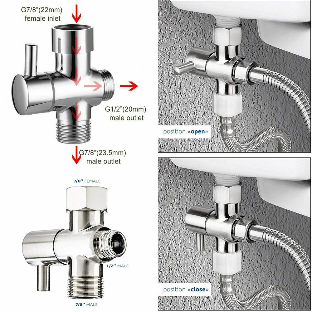 7/8" + 1/2" T-adapter Valve 3-Way Brass For Toilet Bidet Shower Head Diverter US