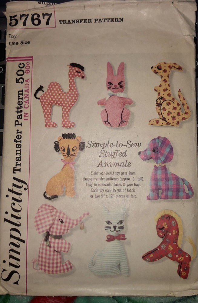 VTG `64 Simplicity 5767 Transfer Sewing Pattern 8 Different Stuffed Animals FF