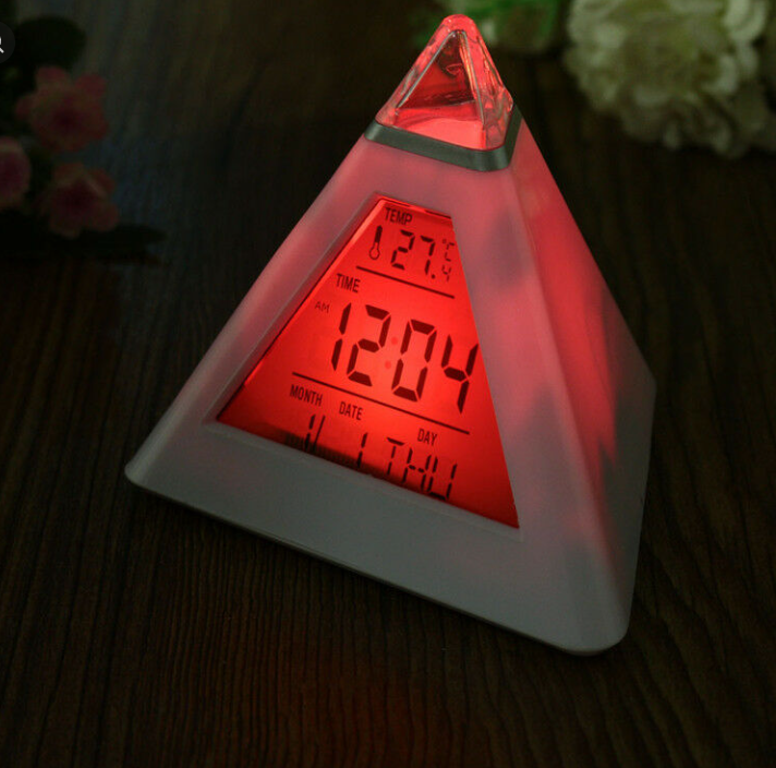 Alarm Clock Pyramid 7 LED Color Changing Timer Night Light Temperature Date
