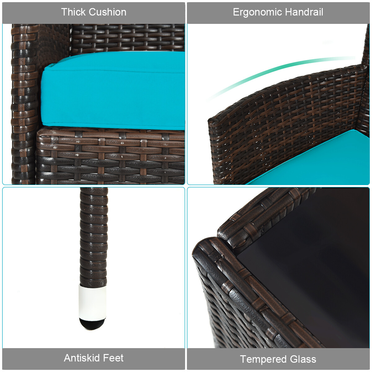 Patiojoy 4PCS Rattan Patio Furniture Set Cushioned Sofa Chair W/ TableTurquoise