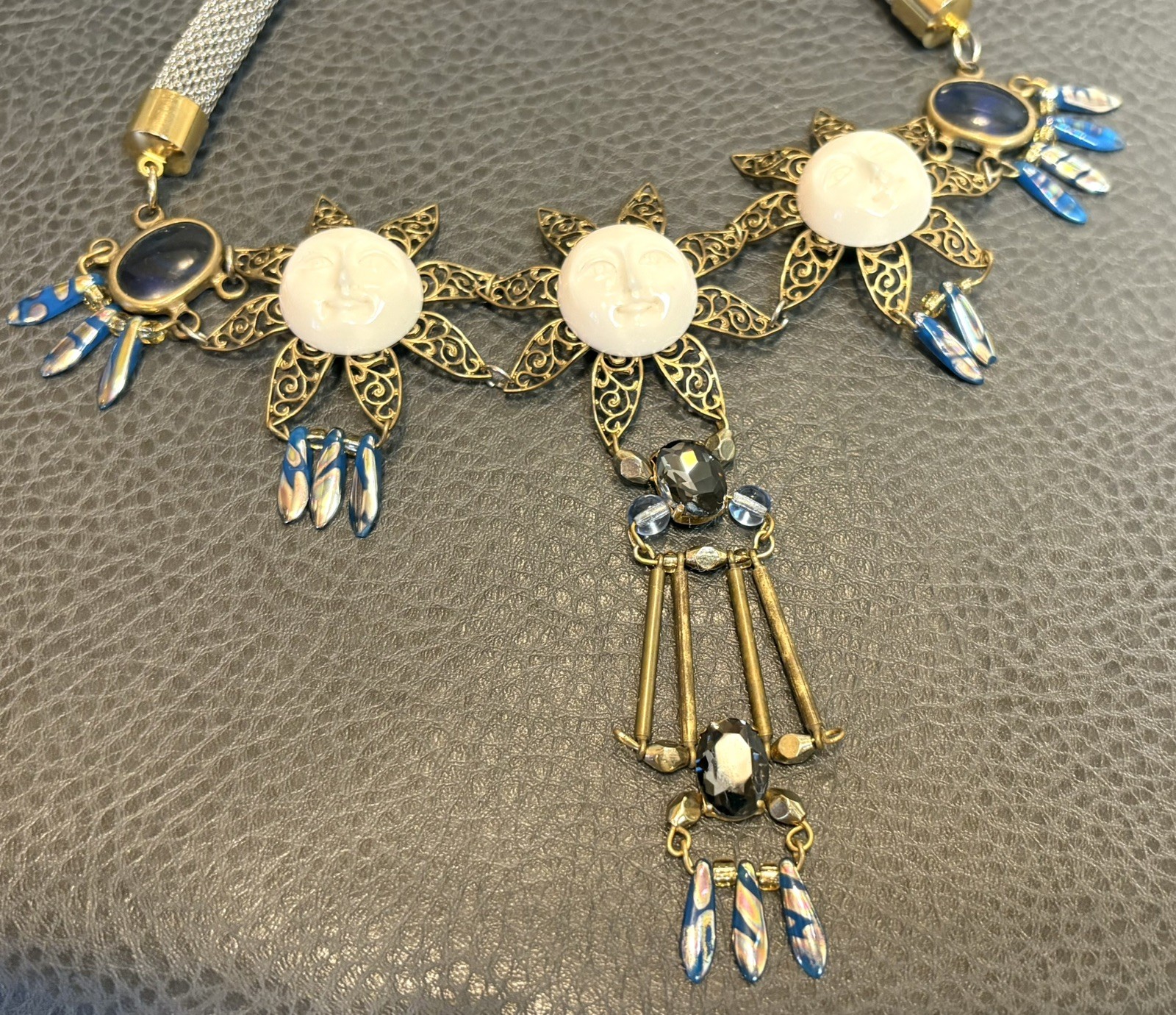 Holst + Lee Designer Celestial Sun Face Flower Chunky Necklace Gold Silver Tone