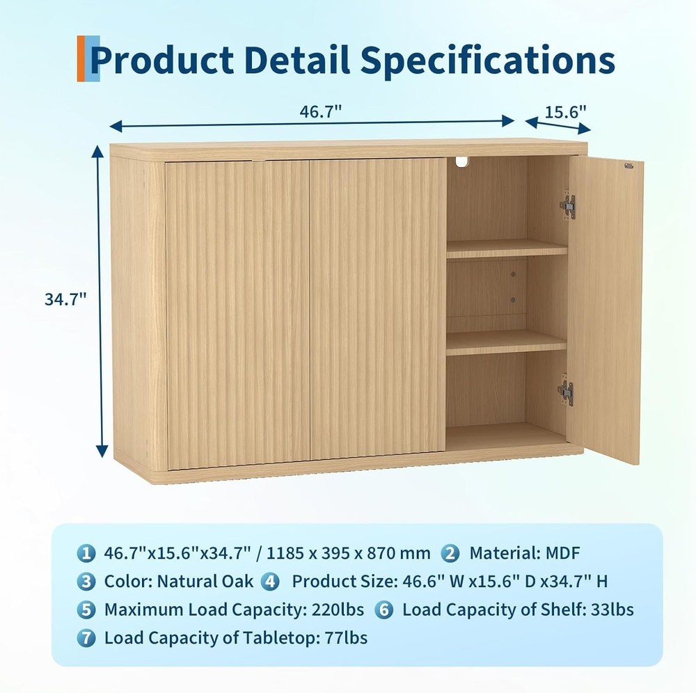 Fluted Buffet Sideboard with Adjustable Shelves & 3 Doors for Kitchen & Hallway