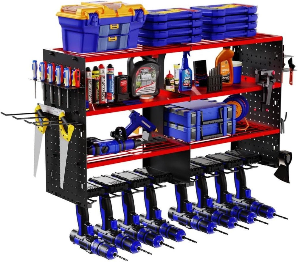 Large Power Tool Organizer Wall Mount, 4 Layer Storage Rack with 8 Drill