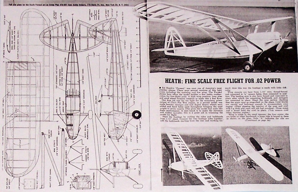 HEATH PARASOL PLAN + CONSTRUCTION ARTICLE FF / RC COX .02 SCALE Model Airplane