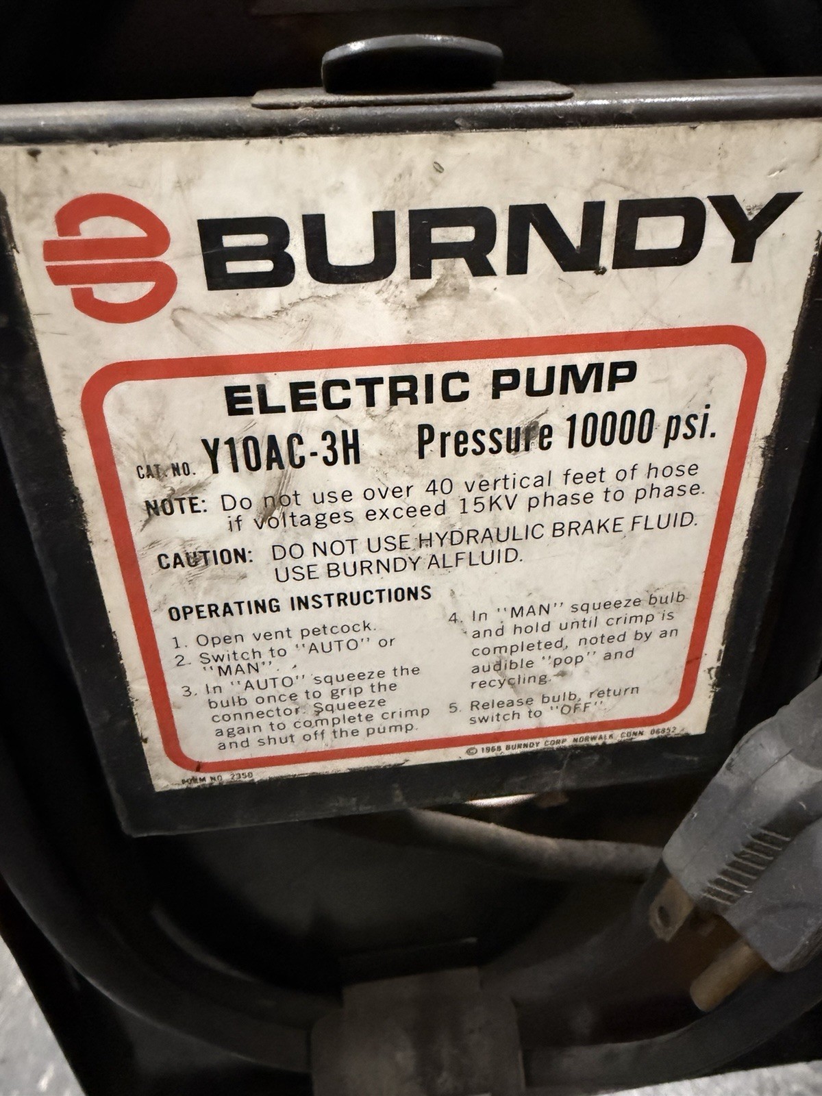 Burndy Y10AC-3H Electric Hydraulic Pump Pressure 10,000 PSI READ Below