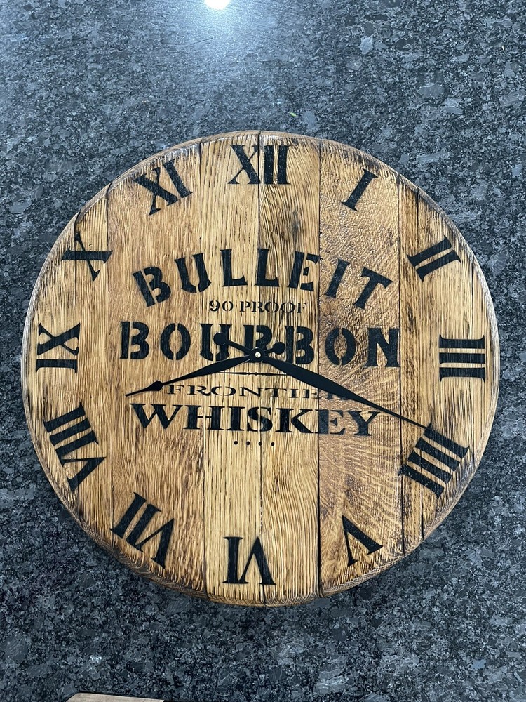 Authentic Bulleit Bourbon Barrel Head Clock 21.5” Dia.