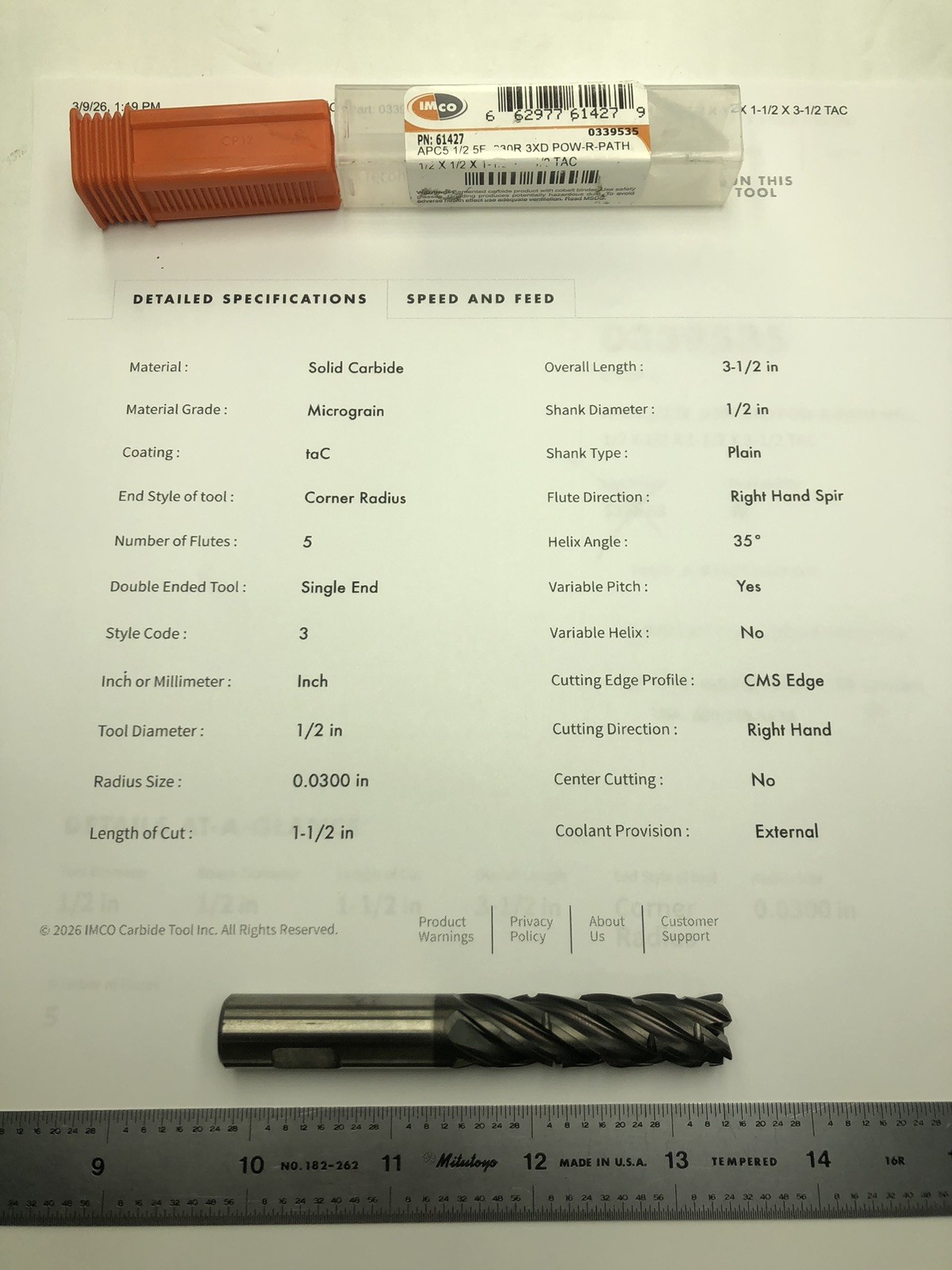 IMCO 1/2" x 1-1/2" x 3-1/2" OAL Solid Carbide End Mill 5 Flute POW-R-PATH 339535