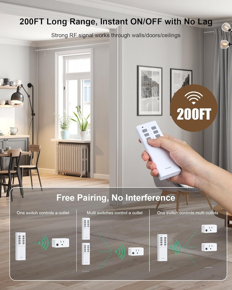 3 Pack Remote Control Outlet with 200FT Range, 15A High-Power Switch