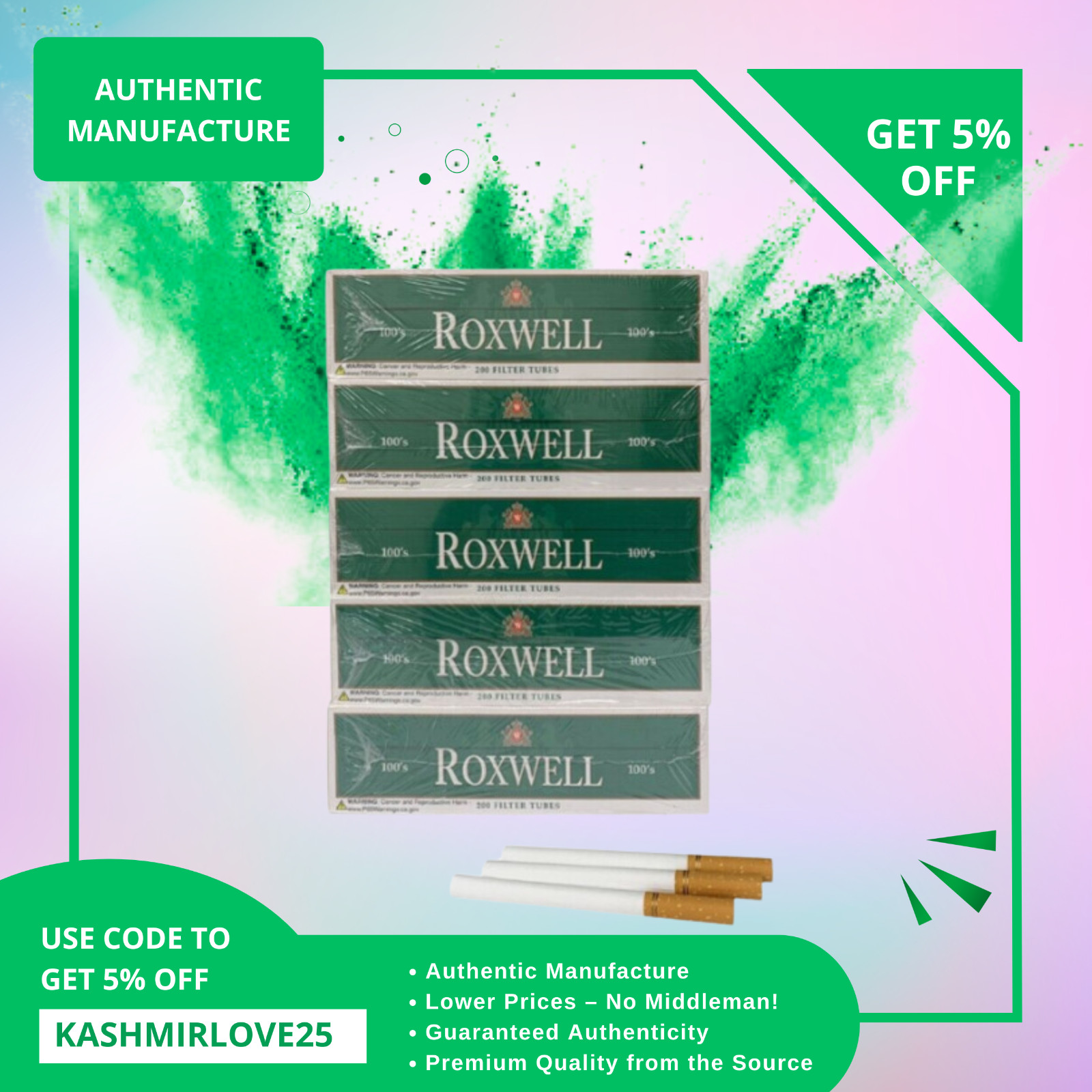 Roxwell Green Menthol Cigarette Tubes 100mm Size Pre-Roll Tubes 5 Pack of 200 Ct
