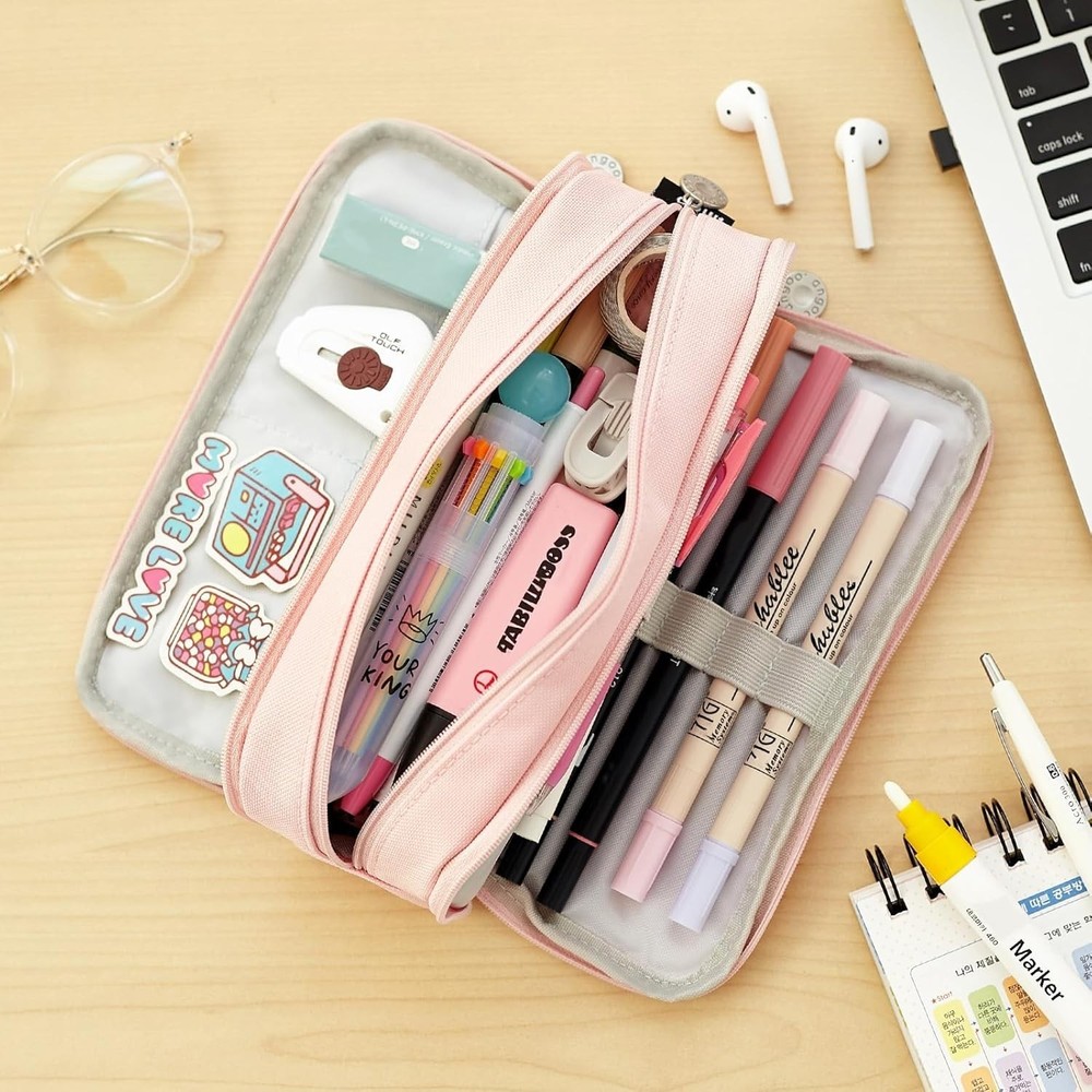 Large Capacity Polyester Pencil Case 3 Compartment Pencil Pouch for School