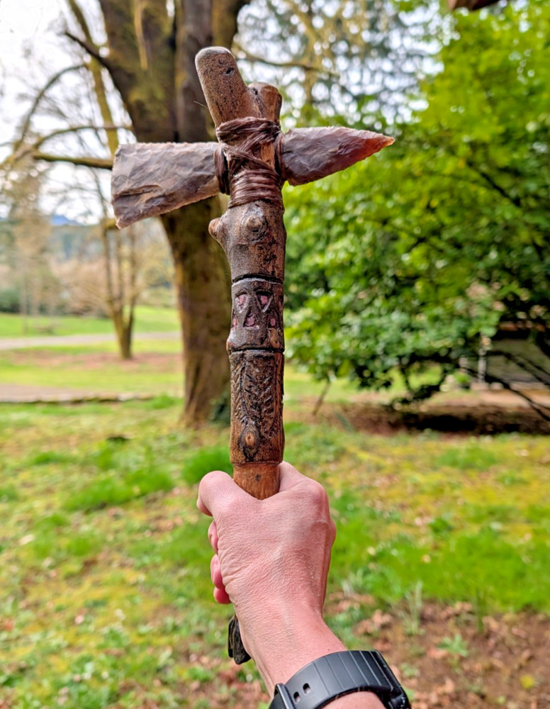 Hand Knapped Tomahawk Stone Blade Carved Handle