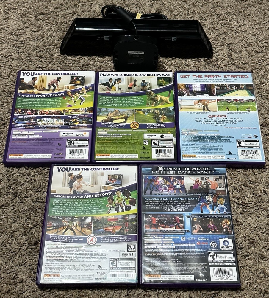 Microsoft Xbox 360 Kinect Motion Sensor Bar Black w/ Games CIB