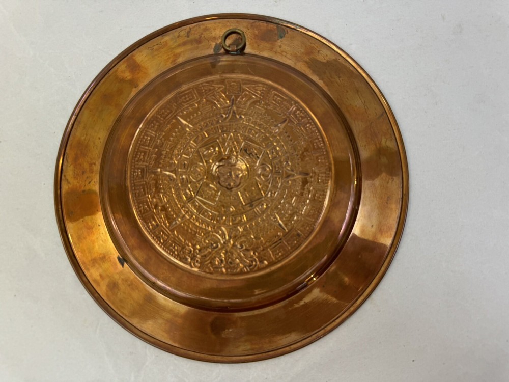 Vintage Solid Copper Embossed Mayan Aztec Inspired Round Wall Hang Plate 11"