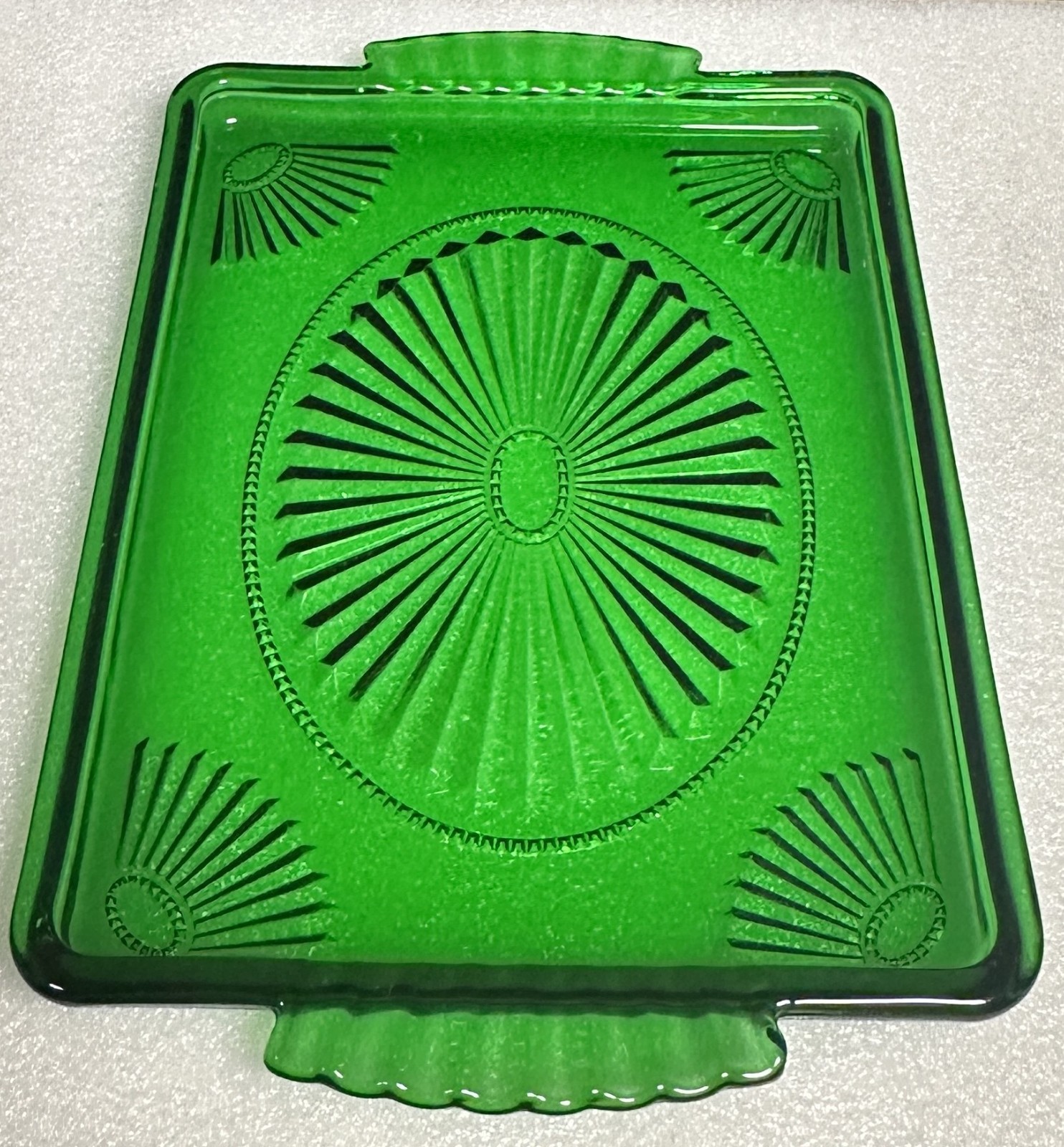 AVON Vintage EMERALD ACCENT Glass Decanter Set with Tray & 4 Glasses + Boxes 80s