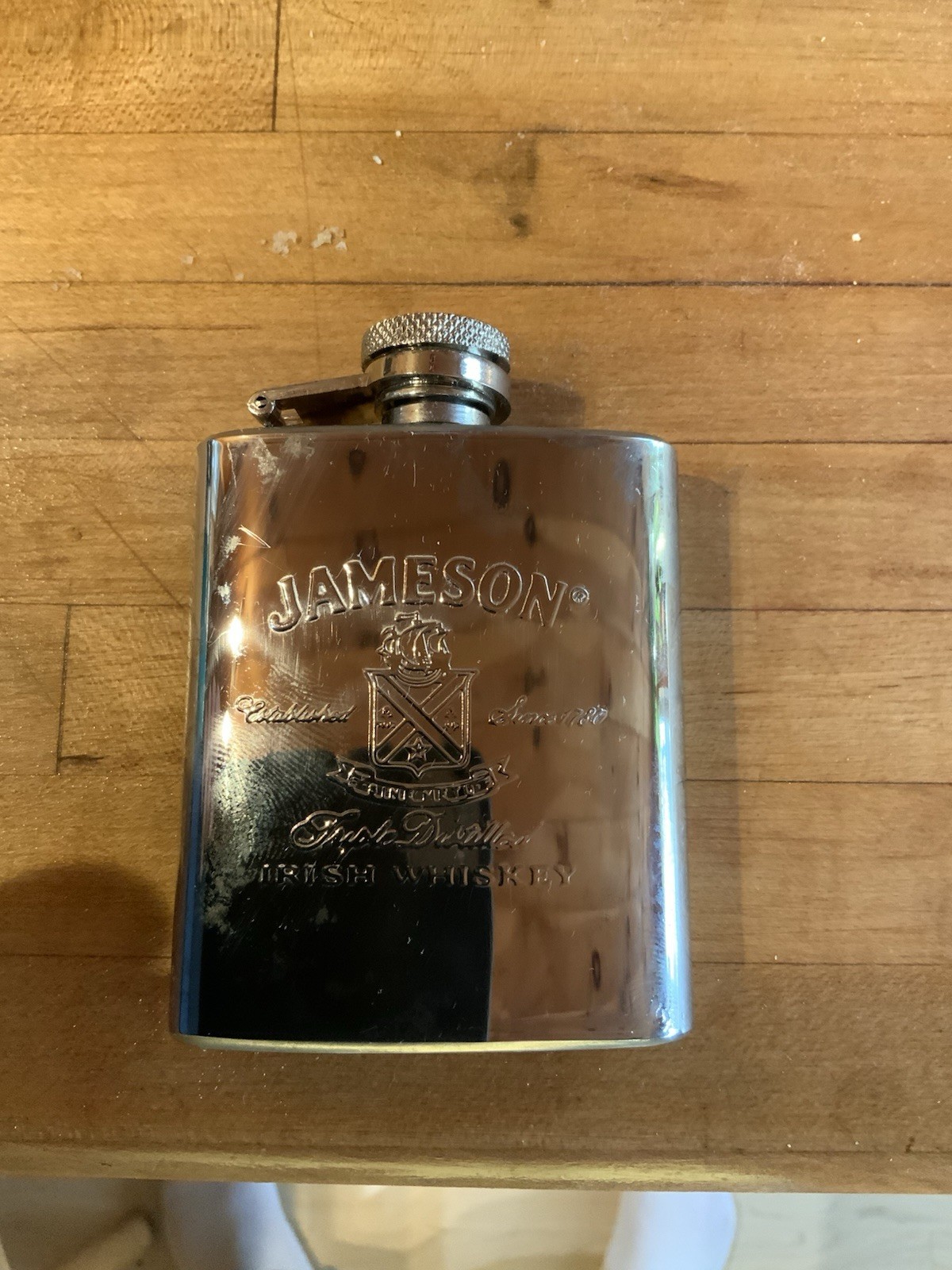 John Jameson & Son Irish Whiskey hip Flask Screw Top Sine Metu Stainless Steel