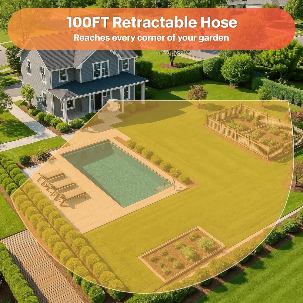Wall Mounted 100 ft Retractable Hose Reel - 9 Settings for All Needs