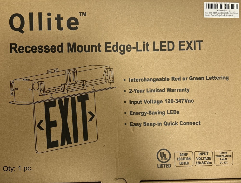 Qllite Recessed Mount Edge-Lit LED EXIT Sign Red Single Sided RLEX1RGCA