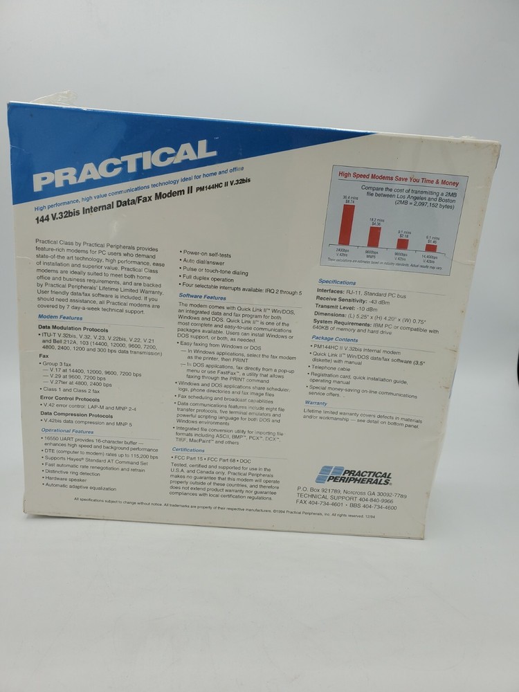Practical Peripherals 144 V.32bis Internal Data/Fax Modem II --New/Sealed