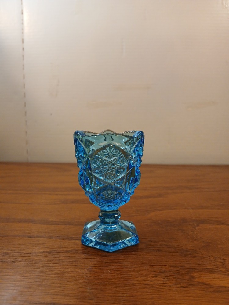 Light Blue Pressed Glass Toothpick Holder Star Decor