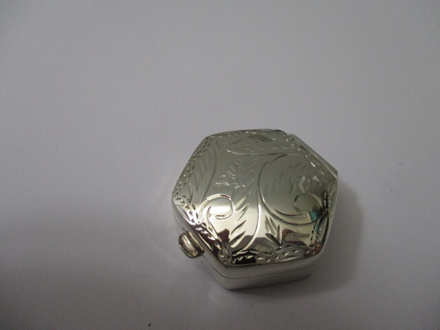 Sterling silver pill box Hexagon shape solid 925 silver engraved on top