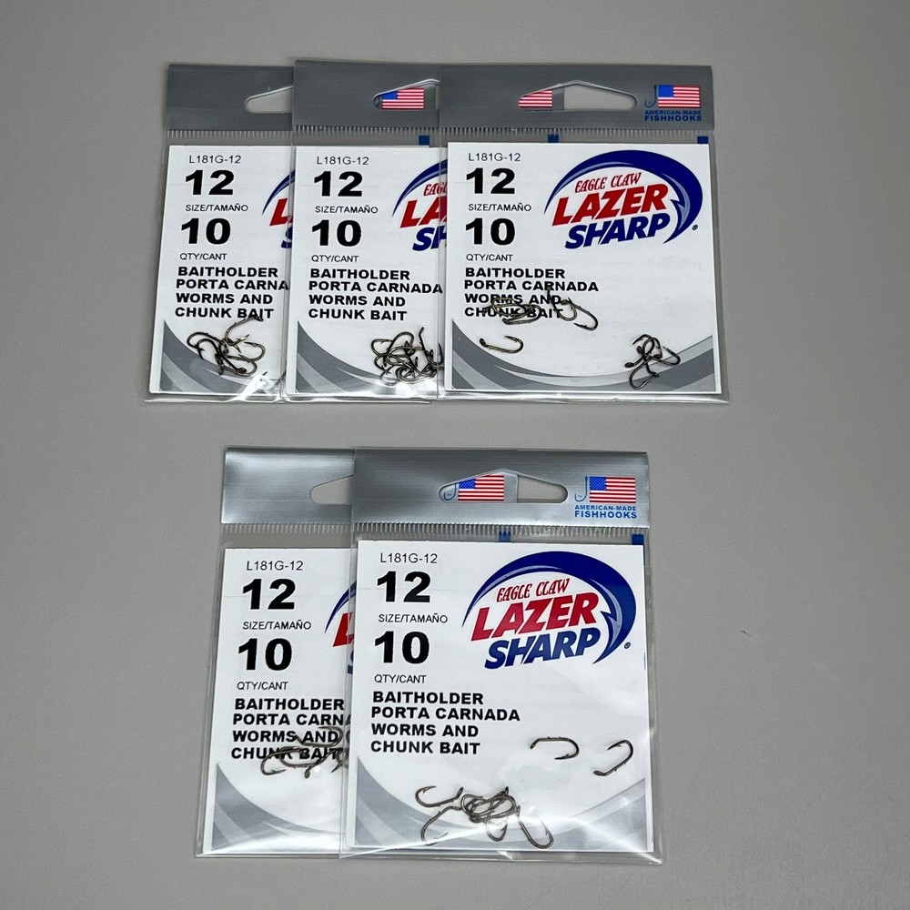 EAGLE CLAW (5 PACK) Lazer Sharp Down eye Baitholder Hook Bronze #12 10pc L181G-1