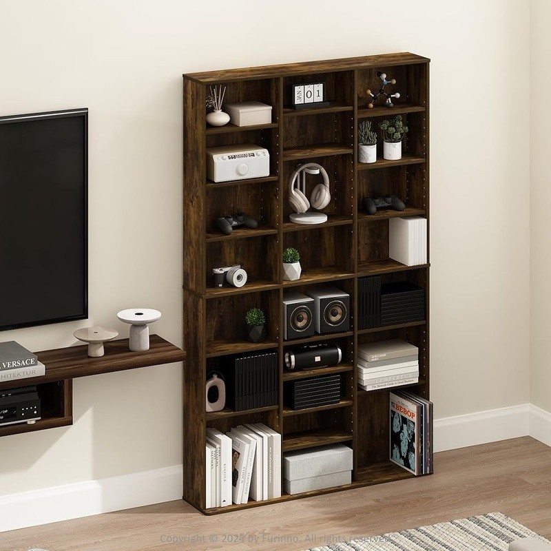 Wood Media Storage Rack Adjustable Shelf DVD CD Blu-ray Organizer Space Saving
