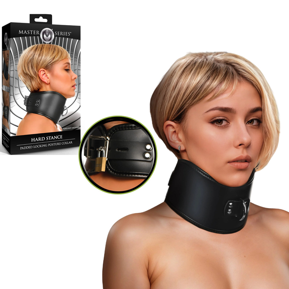 Lockable Padded Neck Restraint Adjustable Collar  with Ring BDSM Posture Support