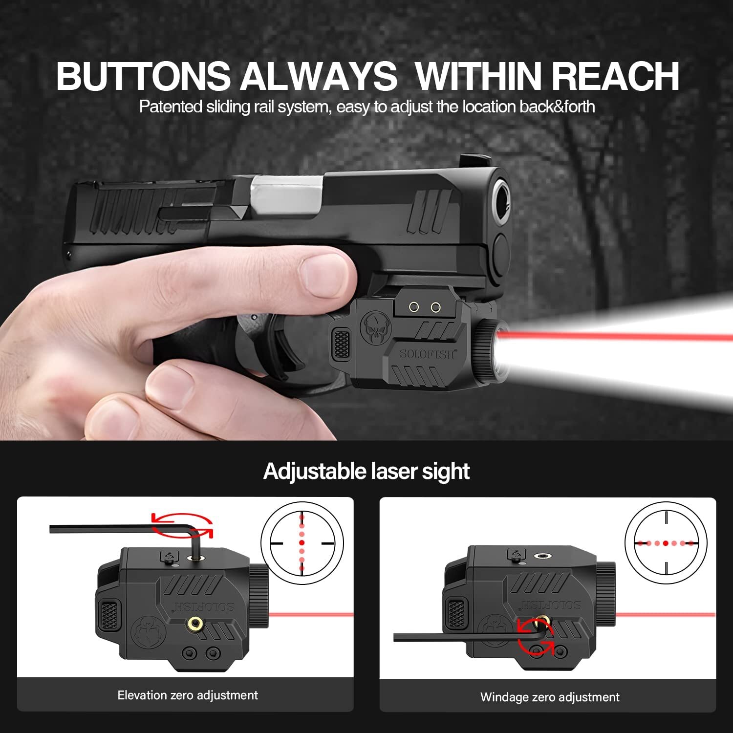 SOLOFISH 600lm Flashlight & Red/Green/Blue Laser Sight Combo Pistol Rechargeable