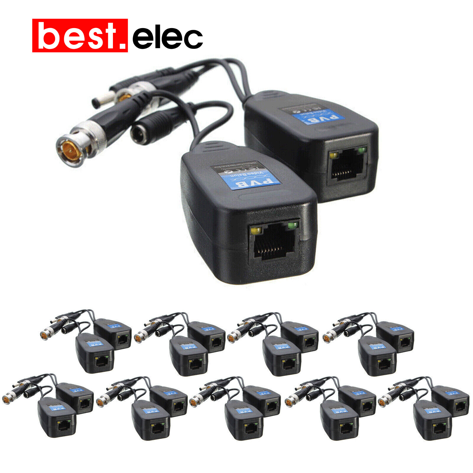 10PC CCTV Coax BNC Video & Power Balun Transceiver to CAT5e 6 RJ45 Connector9VKs