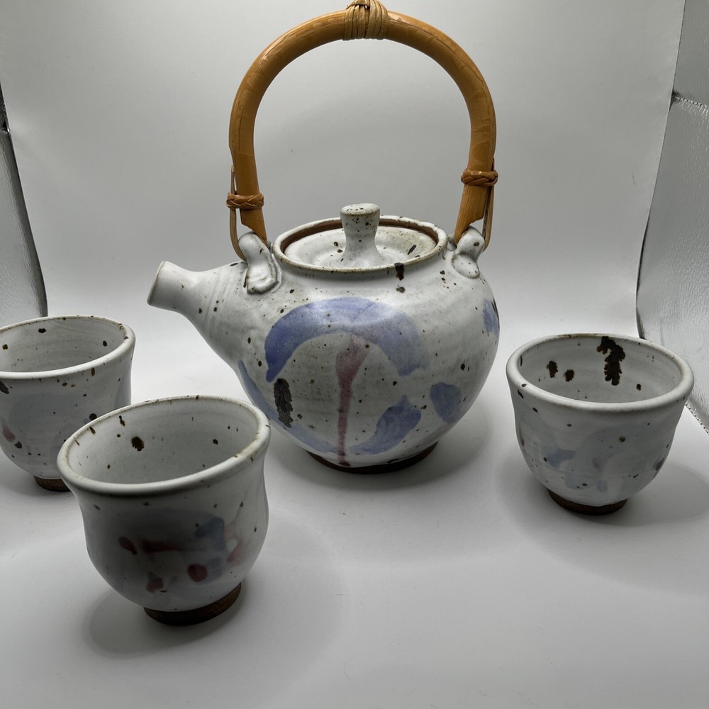 StudioArt Hand Thrown Pottery Teapot W/ Rattan Handle Artist Signed 3 Cup Set