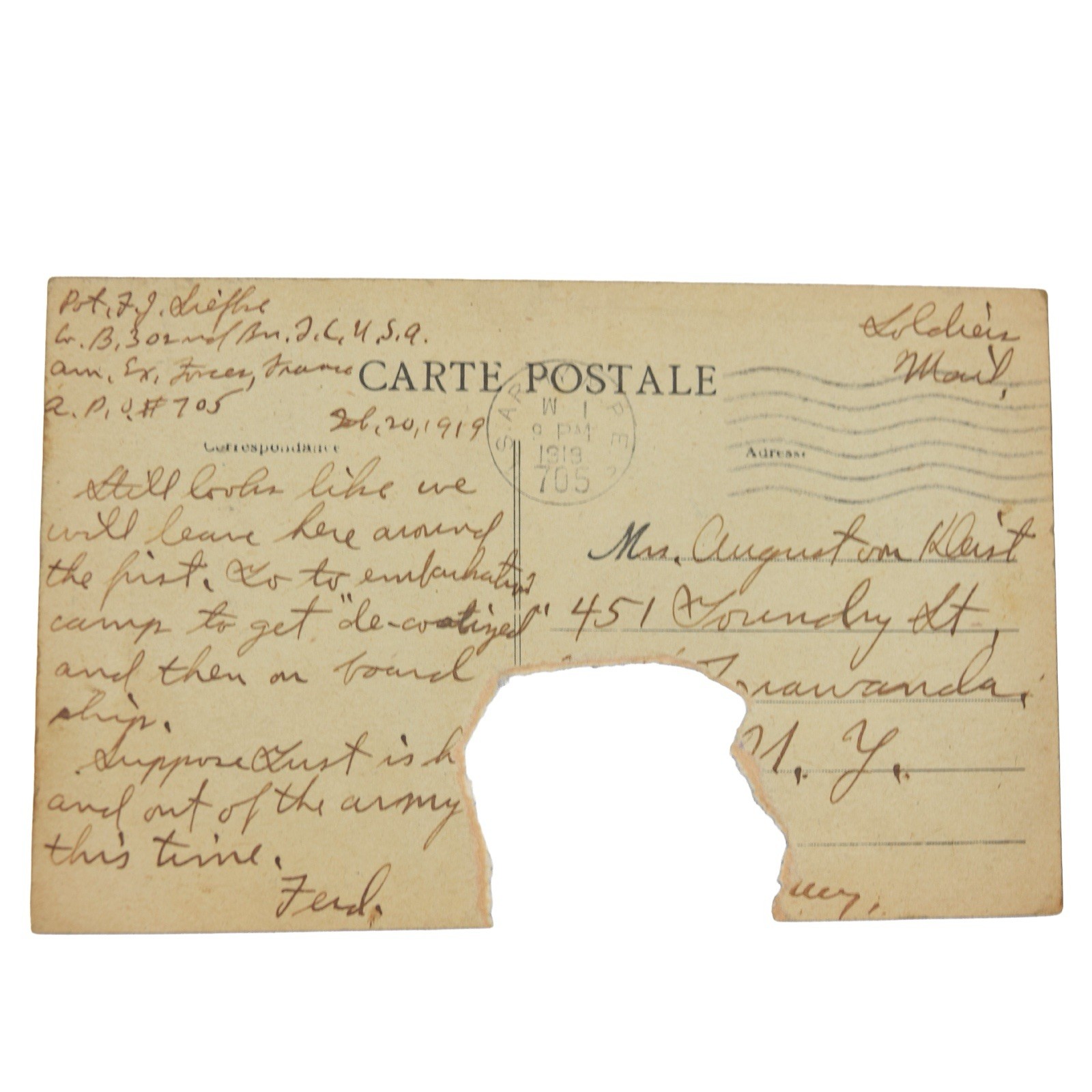 WW1 US Soldiers Mail Postcard Co. B 302nd Battalion Tank Corps France Postcard