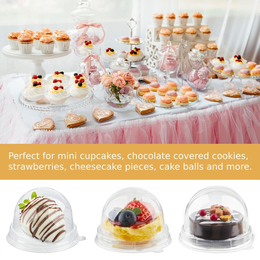 50 Pack Mini Cake Containers, Clear Plastic Small Cupcake Boxes with Dome Lid...