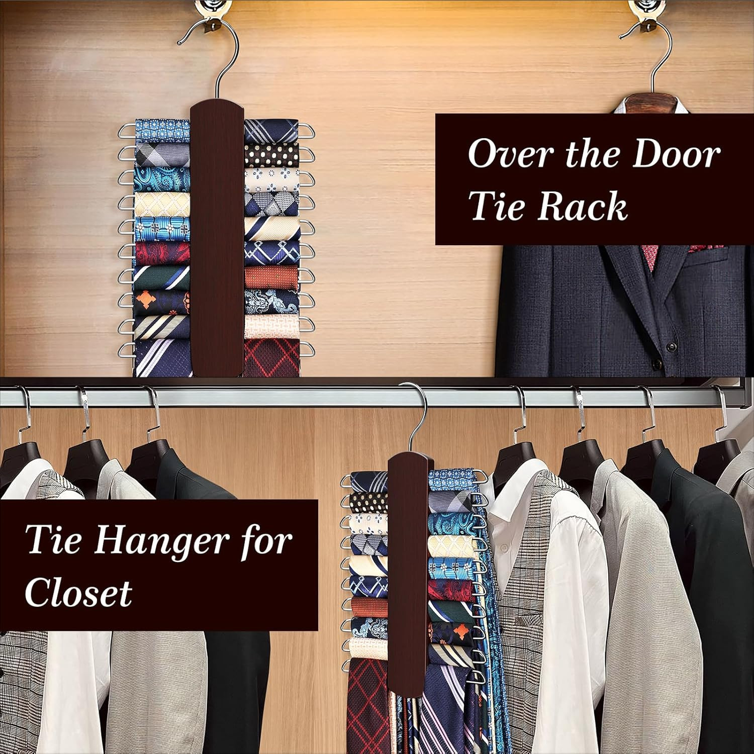 2 Pack Tie Rack for Closet Premium Wooden Necktie Organizer Storage Tie/Belt 40