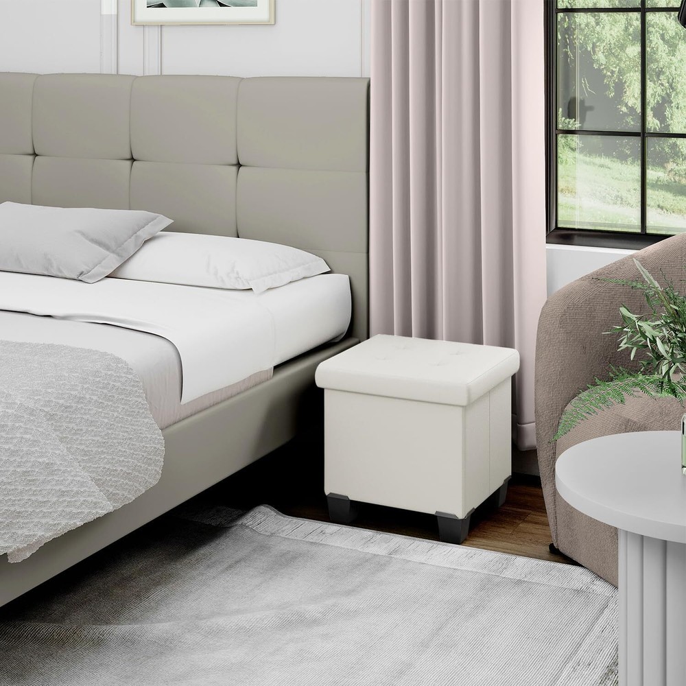 Storage Ottoman Cube with Bin, 15-In Square 15 Inch, White Leather