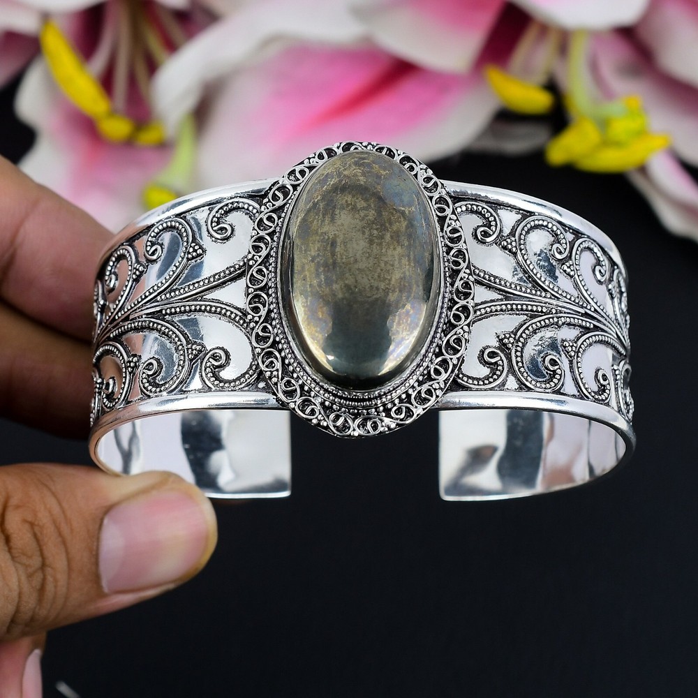 Apache Pyrite Gemstone Handmade 925 Sterling Silver Bangle Adjustable Cuff