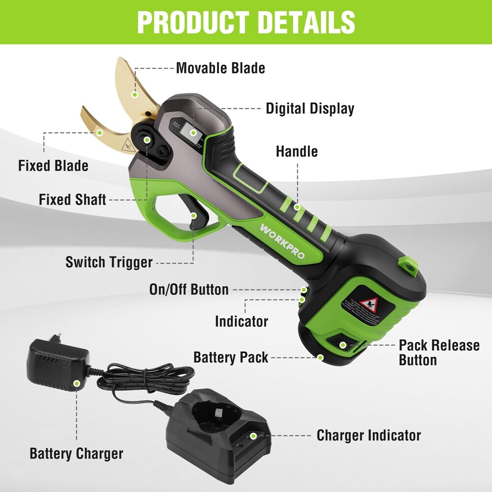 WORKPRO 12V Electric Pruning Shears, Battery Powered Pruning Shears Gardening