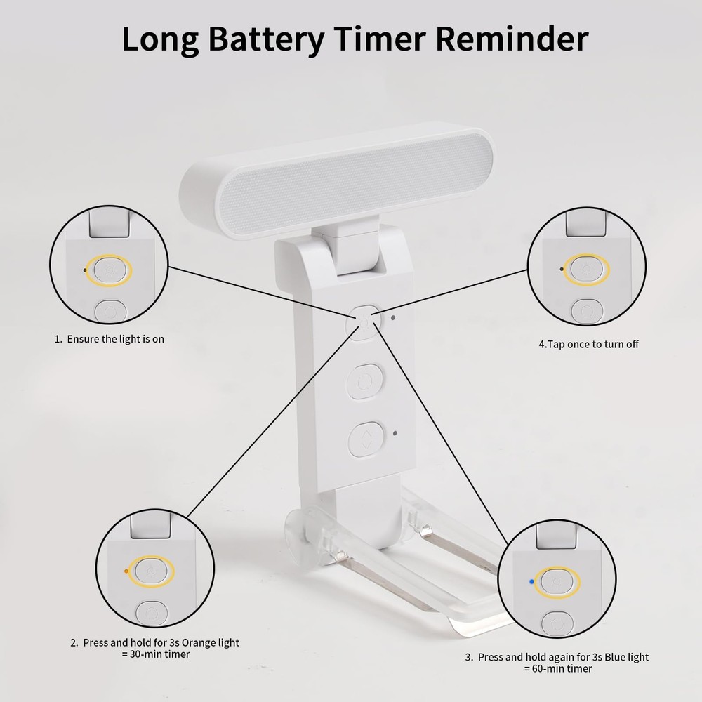 Book Light USB Rechargeable Clip-On Reading 30 Adjustable Modes Timer White