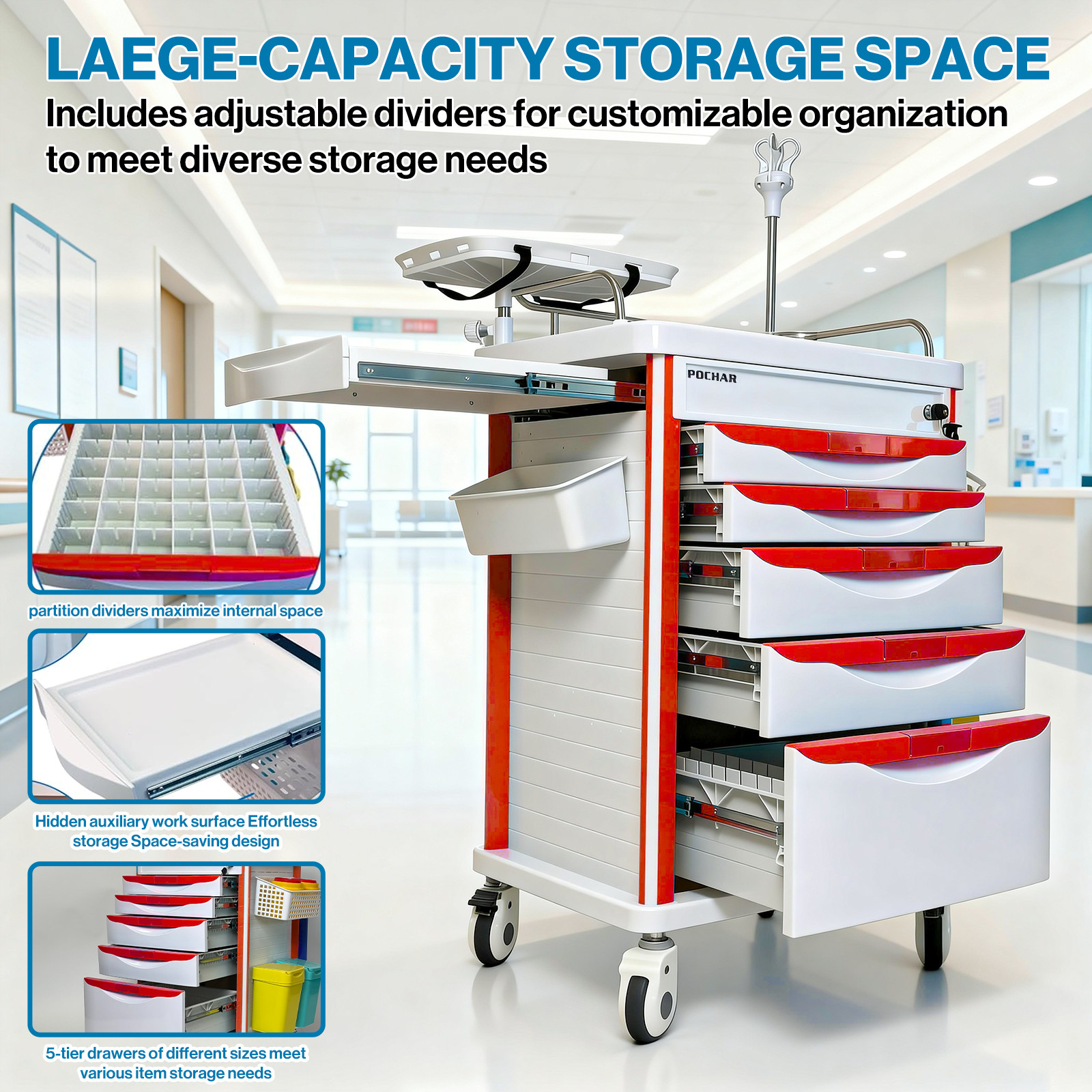 Medical Crash Cart with Emergency Accessory, Mobile Emergency Cart for Hospitals