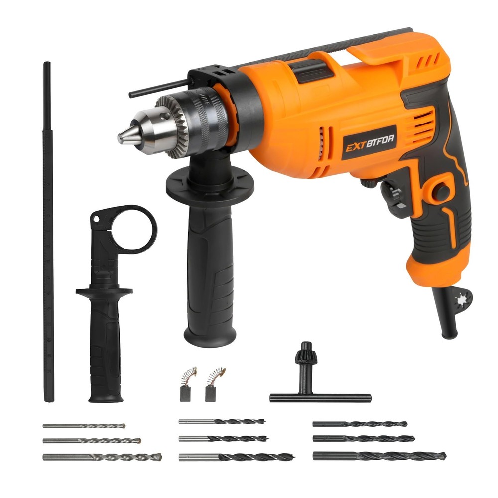 Powerful 5.8Amp Corded Hammer Drill, 1/2" Variable Speed, 9 Drill Bits & Handle