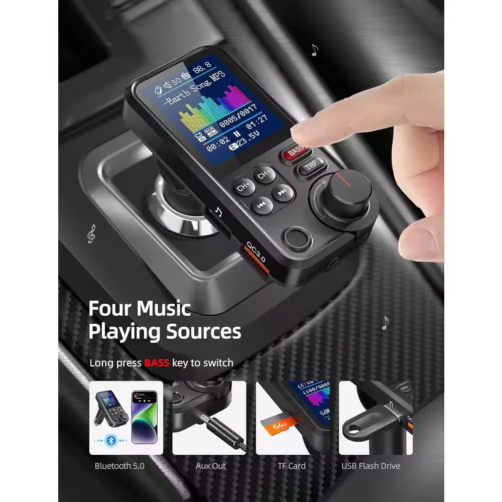 Bluetooth FM Transmitter Car Adapter with Microphone and 1.8 Screen for QC3. 0 C