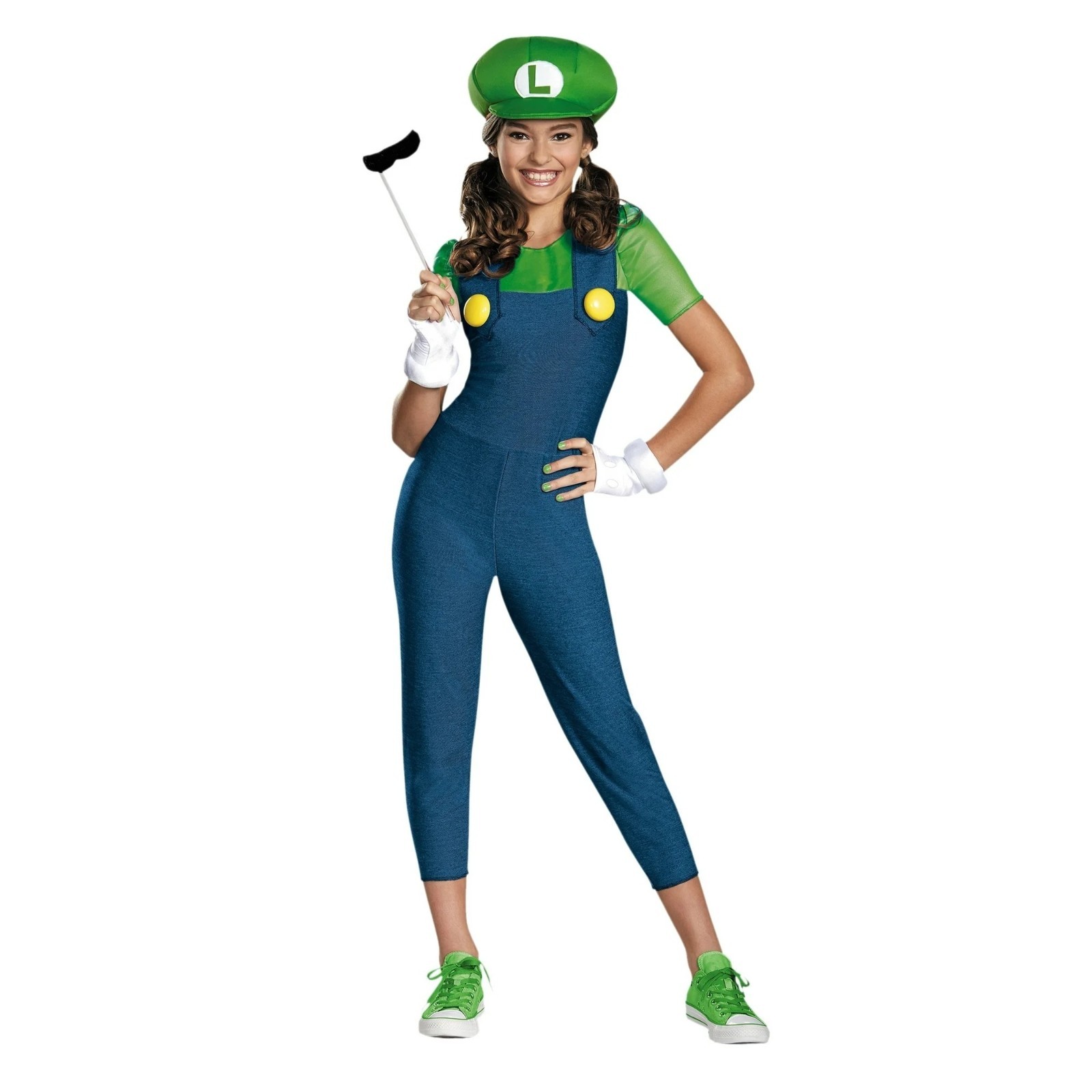 Luigi Costume Girls 7-8 Mustache Stick Gloves Hat Jumpsuit Super Mario Cute NEW