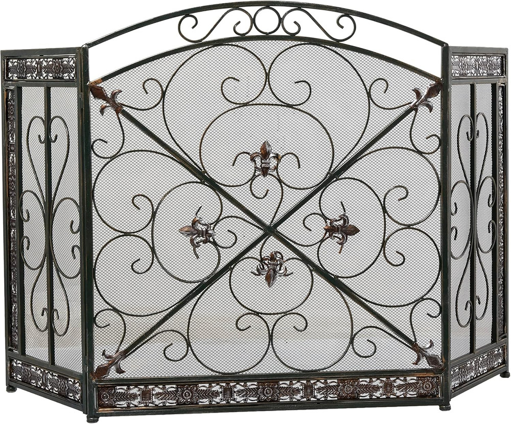 Metal Scroll Fireplace Screen Foldable Arched 3 Panel with Fleur De Lis Accents,