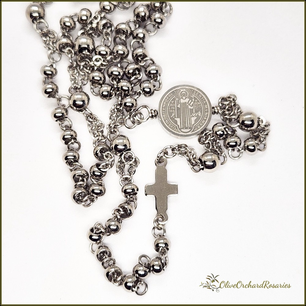 Handmade All Stainless Steel St. Benedict Inline Rosary Catholic Men Women