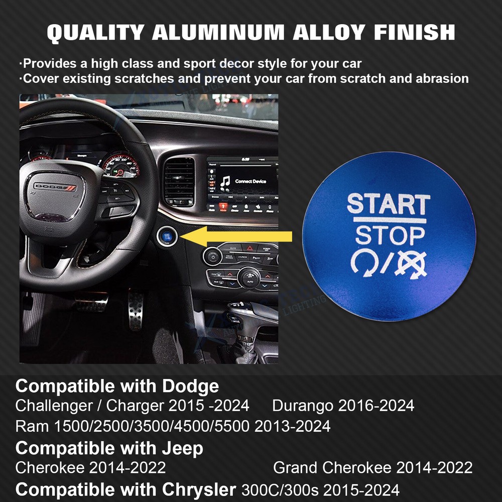 BLUE Ignition Engine Start Stop Push Button Cover For Dodge Charger Durango Ram