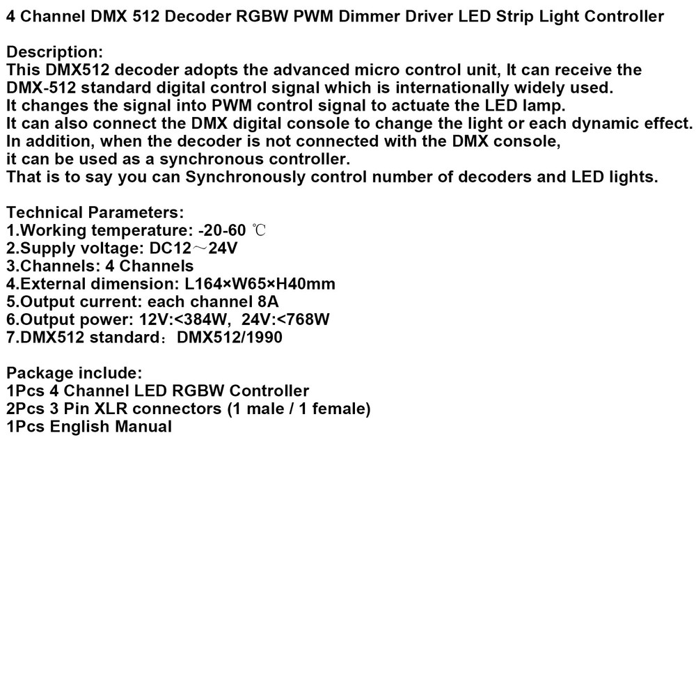 4 Channel DMX 512 Decoder RGBW PWM Dimmer Driver LED Strip Light Controller US
