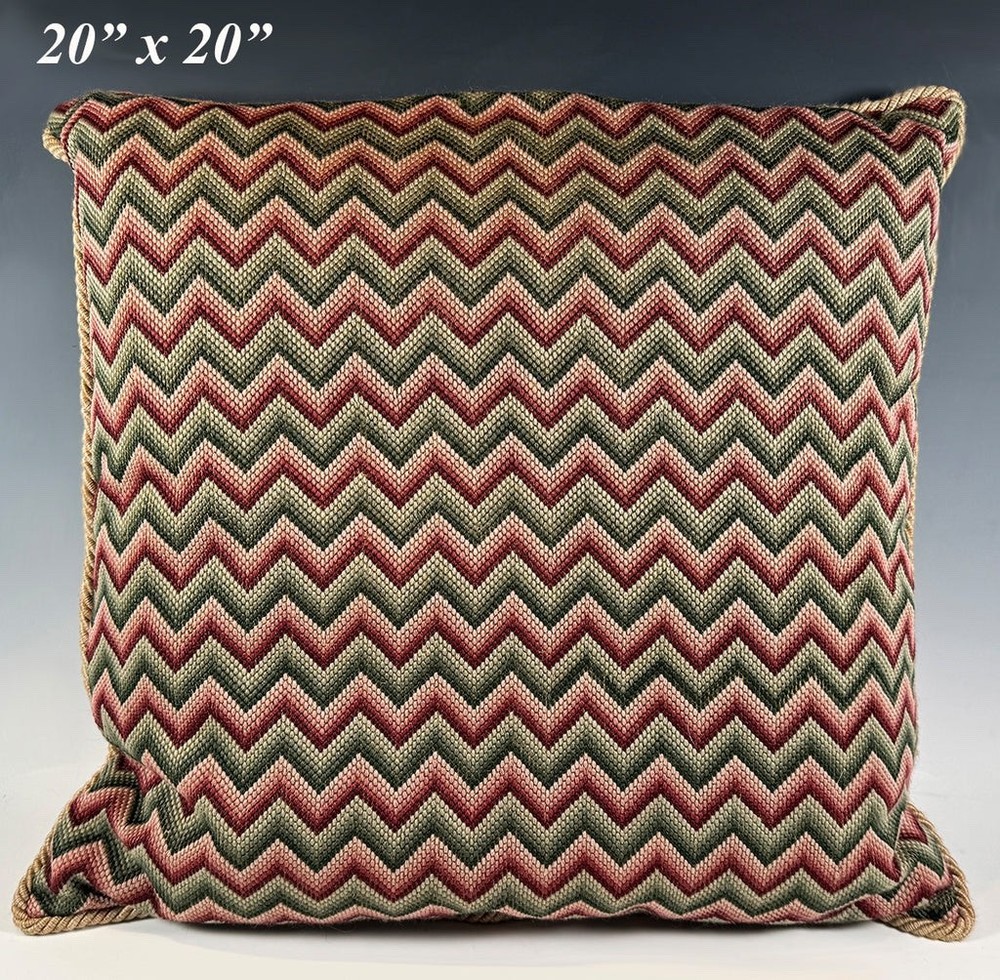 Antique British Needlepoint Topped 20" Square Throw Pillow, Down-Feather Insert